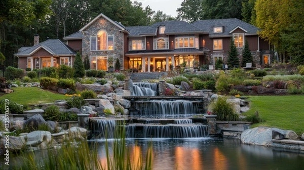 Fototapeta A luxurious front yard with a marble waterfall feature, reflecting pool, and lush green landscape. --chaos 20 --ar 16:9 --quality 2 --v 6.1 Job ID: d9748190-2b52-4624-873d-6031f9826dbd