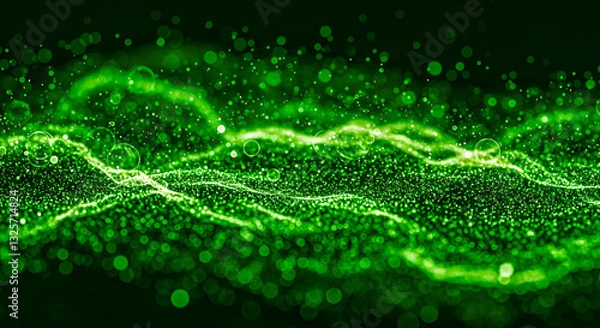 Obraz Abstract green energy waves from particles Glowing Dust  Flowing Waves  Bright Sparkle