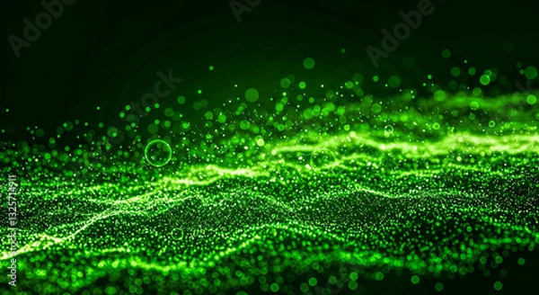 Obraz Abstract green energy waves from particles Glowing Dust  Flowing Waves  Bright Sparkle