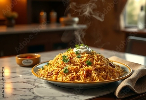 Fototapeta Steaming hot plate of Biryani with fresh cilantro and raita
