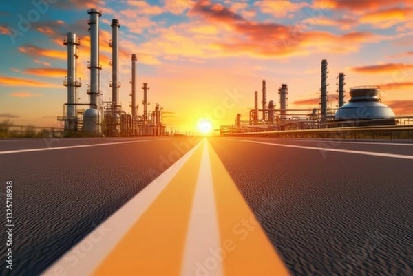 Fototapeta Expansive View of Petroleum Industry with Sunset Sky and Refinery Structures on Horizon