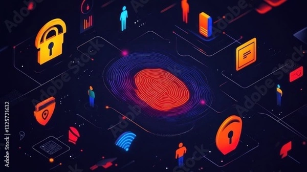 Fototapeta Digital security illustration showing fingerprint and various data elements