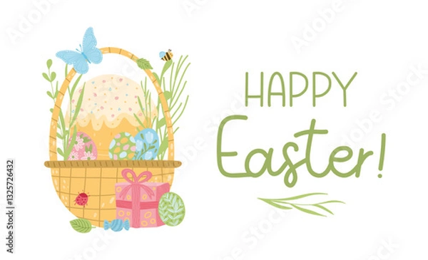 Fototapeta Vector flat illustration Happy Easter design with cake, basket, eggs, flowers, butterfly