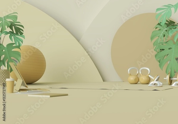 Obraz Sport fitness equipment, yoga mat, live streaming video on mobile phone, dumbbells,plant pot, laptop on pastel green yellow background. Trendy 3d render for gym at home online tutorial lesson	