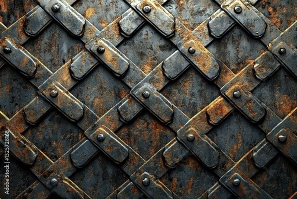 Fototapeta Rusty metal grid pattern, dark tones with orange rust. Ideal for backgrounds, textures, or designs needing a grunge, medieval aesthetic.