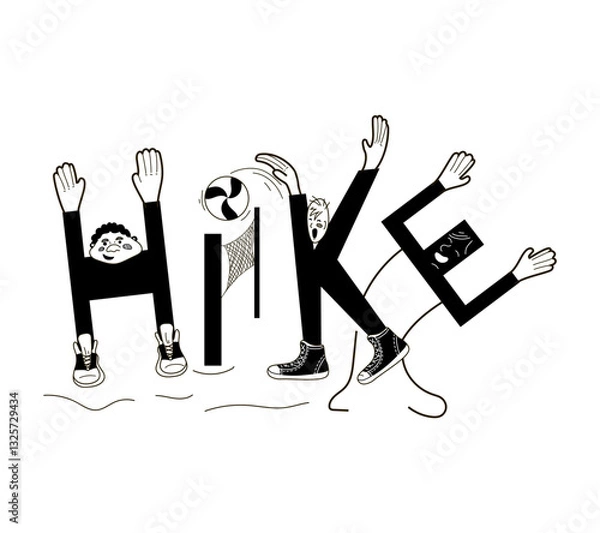 Fototapeta Word "Hike" is drawn. The letters are drawn in the image of guys playing volleyball. The vector illustration is isolated in black on a white background.