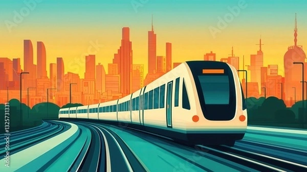 Obraz A modern train travels through a vibrant city skyline at sunset, showcasing urban transport and colorful architecture.