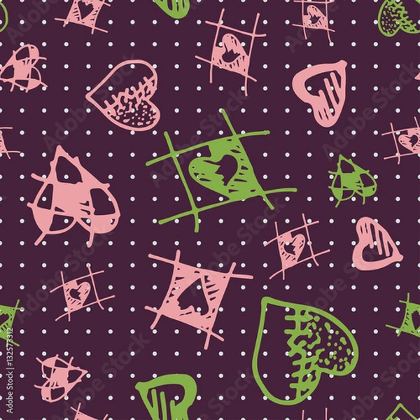 Fototapeta Retro hand-drawn sketches color seamless background with hearts for valentines and wedding day