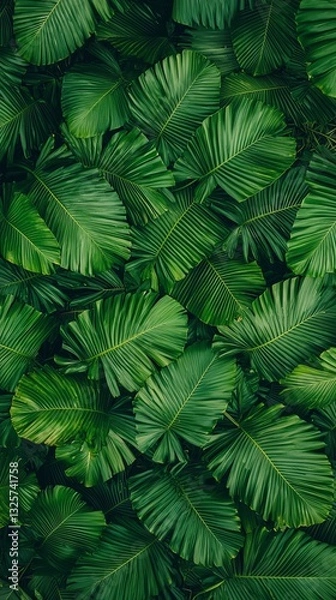 Fototapeta Vibrant tropical beach, lush green palms contrasting with deep blue ocean