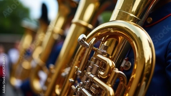 Fototapeta Close-up of a marching band tuba with shiny brass details, highlighting the intricate valves and tubing.