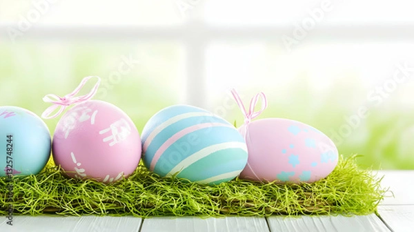 Obraz Pastel Easter eggs on grass, spring window background; holiday greeting