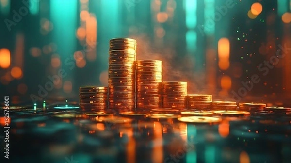 Obraz A futuristic depiction of financial success, with a glowing chart and coin stacks forming steps upward, vibrant gold and green hues illuminated under soft light, set in a minimalistic background,
