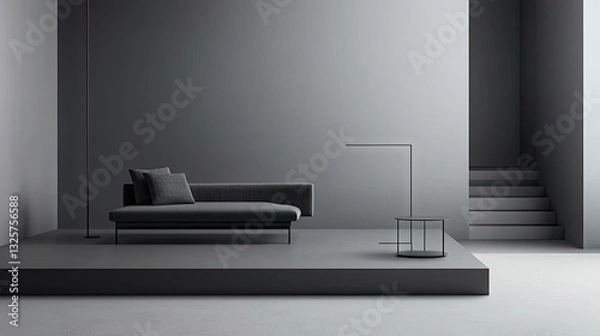 Obraz Minimalist living room with lightweight freestanding furniture and open space.