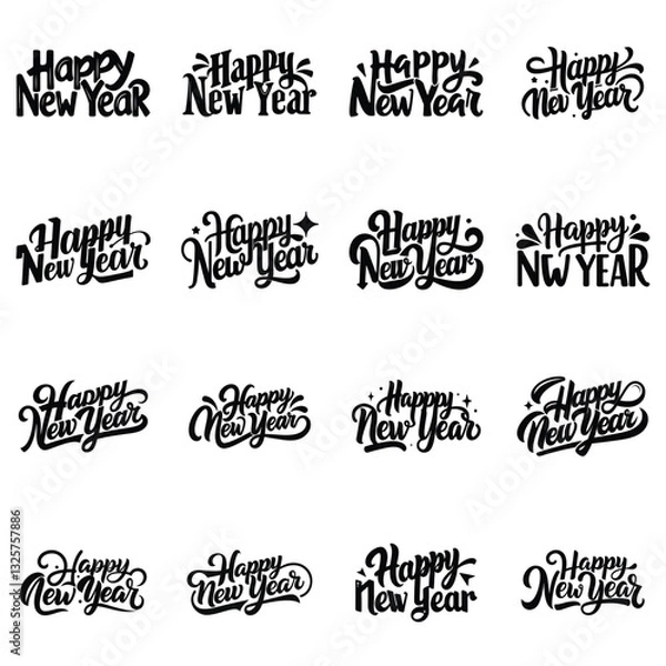Fototapeta Happy New Year typography: A collection of elegant "Happy New Year" typography designs, ideal for festive greeting cards, invitations, and celebratory decorations.