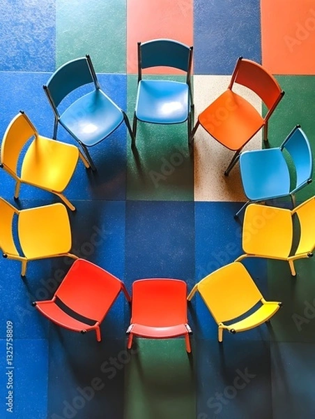Fototapeta Overhead view of a colorful musical chairs game in progress