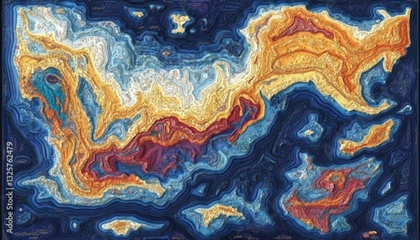 Fototapeta Abstract map illustration vibrant colors textured effect layered design deep blue background