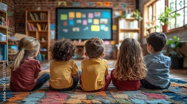 Fototapeta Preschool children watching educational content on a large screen.