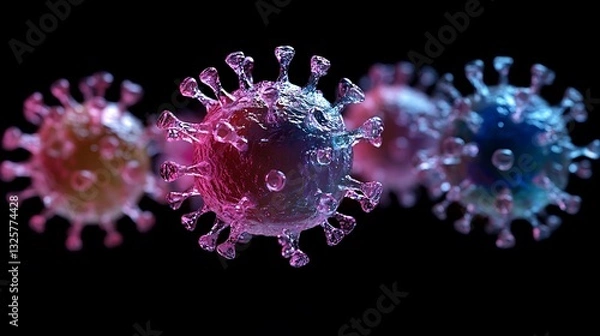 Fototapeta A dynamic illustration of flu virus mutation, multiple virus particles evolving, color-coded changes in their structure, glowing spike proteins, scientific accuracy, soft cinematic depth of field,