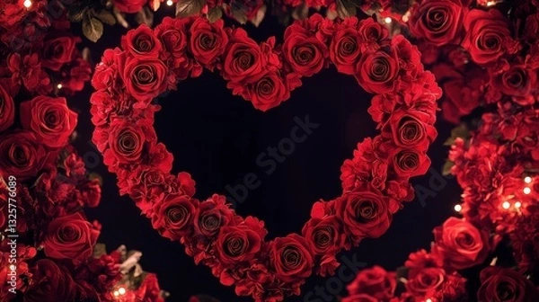 Obraz Red Roses Arranged in a Heart Shape Against a Dark Background
