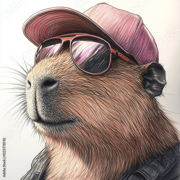 Obraz Cute Capybara in a fuccia baseball cap and aviator glasses, white background, sportsman