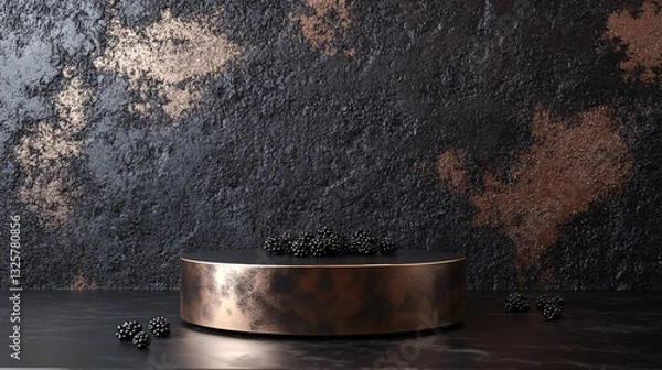 Fototapeta Blackberries are displayed on a metallic pedestal against a textured background