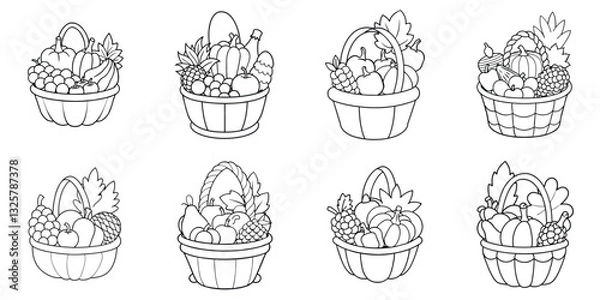 Fototapeta Harvest Bounty: An array of filled baskets, bursting with autumn's rich harvest, including pumpkins, grapes, corn, and a variety of fruits and vegetables, celebrating abundance.