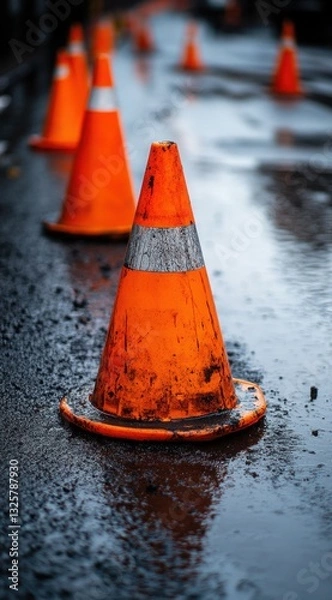 Fototapeta Wet road lined with bright orange traffic cones after rain.