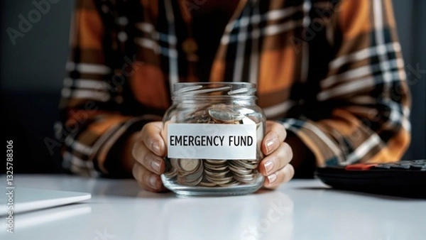 Fototapeta Saving money in a jar labeled emergency fund.
