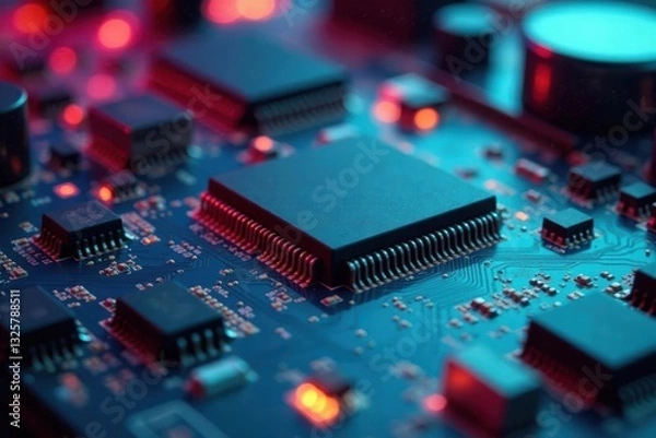 Fototapeta Close-up of circuit board components, vibrant colors, technology, science