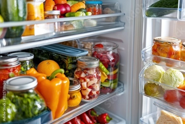 Fototapeta Busy home refrigerator with an overwhelming mix of leftovers, fresh produce, beverages, and random food jars, representing everyday food storage challenges