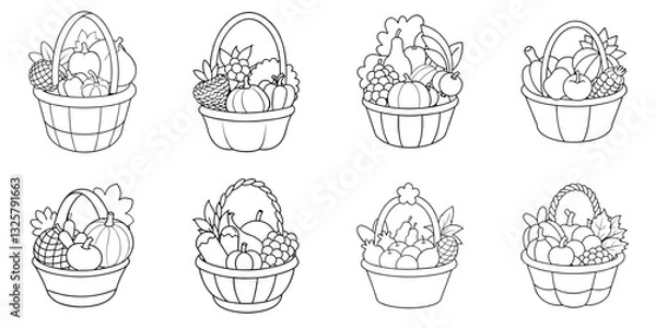 Fototapeta Basketful of Fruits: A collection of charming line-art illustrations showcasing bountiful baskets overflowing with an assortment of fresh and colorful fruits. Capturing the essence of abundance.