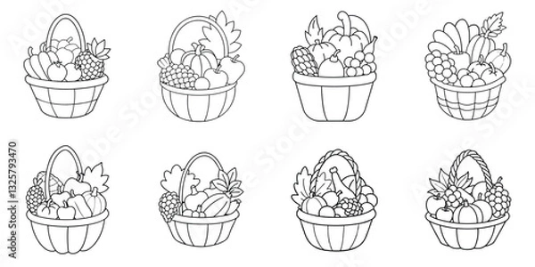 Fototapeta Harvest Baskets: An illustration of a collection of overflowing harvest baskets, brimming with a variety of fresh seasonal fruits and vegetables, a symbol of abundance and the autumn harvest.