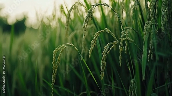 Fototapeta Lush Green Rice Field with Ripening Ears under Soft Sunset Light