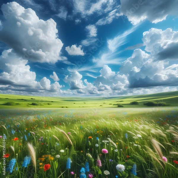 Fototapeta A beautiful field of poppies and buttercups under a blue sky with clouds and green grass in a peaceful rural landscape