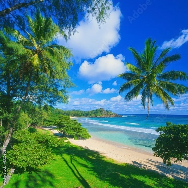 Fototapeta Tropical Paradise with Palm Trees and Clear Blue Ocean in Horizon