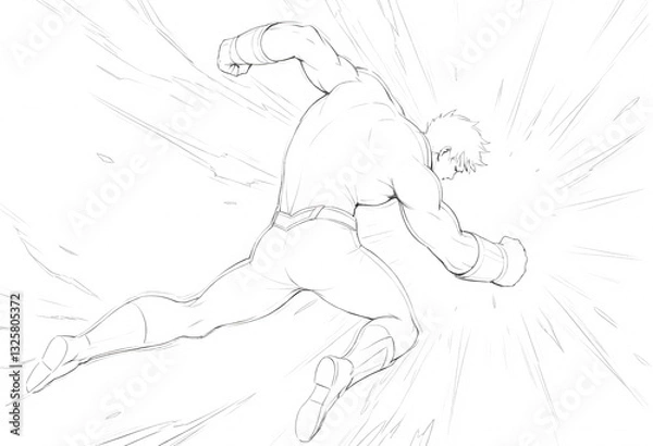 Fototapeta Superhero Sketch: Powerful Action Pose. A dynamic black and white sketch of a muscular superhero in mid-action exhibiting immense power and speed