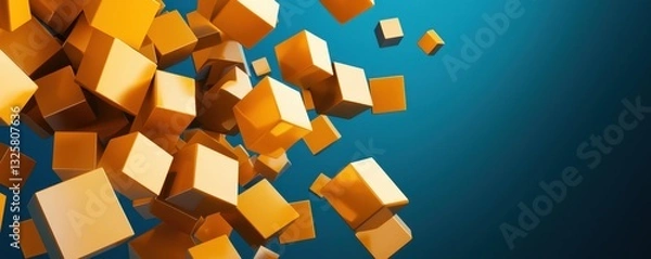 Fototapeta An abstract image featuring floating orange cubes against a blue background, creating a dynamic and visually engaging composition.