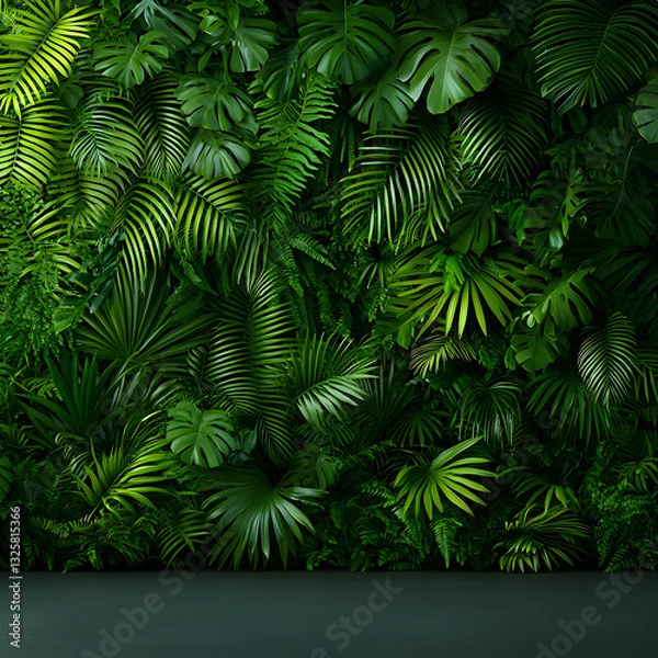 Fototapeta Lush Green Tropical Leaf Wall with Dark Floor Background