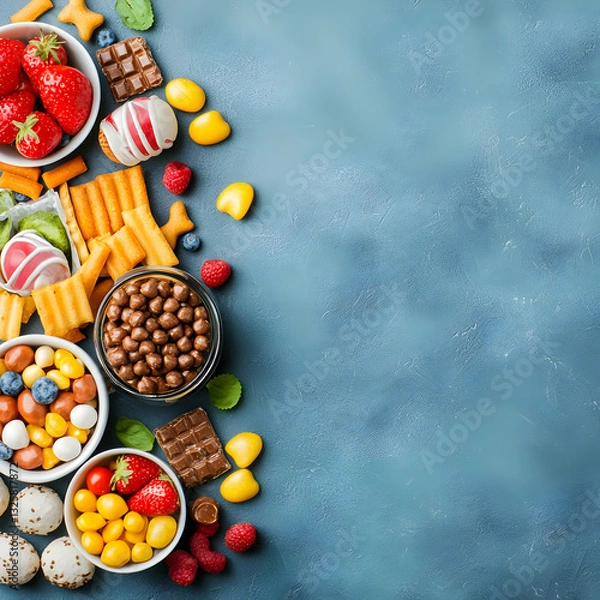 Fototapeta Overhead Arrangement Of Colorful Candies Cookies Berries And Chocolate On Textured Blue Surface