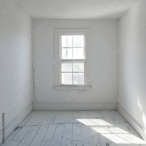 Fototapeta  A minimalistic narrow room with white walls and a single window, allowing natural light to create a calm and airy atmosphere.