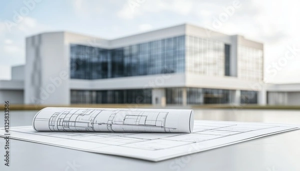 Fototapeta Detailed hospital blueprint laid out on a table, with a blurred modern medical facility in the background, symbolizing architectural planning in healthcare