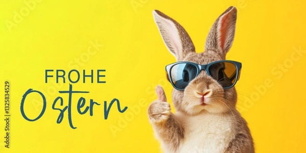 Obraz Frohe Ostern Konzept Feiertag Grußkarte mit deutschem Text - Coller Osterhase Kaninchen mit Sonnenbrille, Daumen nach oben , isoliert auf gelbem Hintergrund