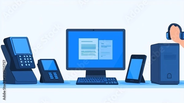 Fototapeta Digital devices, computer, phone, documents, support.