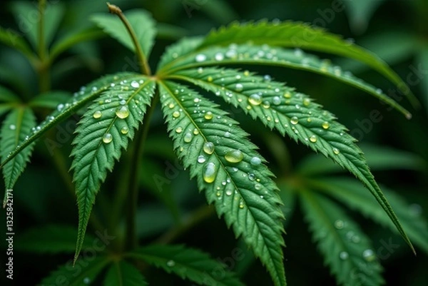 Fototapeta Close up of a green leaf with water droplets on it