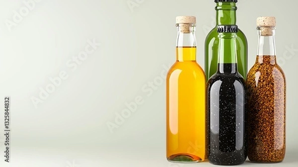 Fototapeta Assorted Glass Bottles with Natural Oils and Vinegars on Green Background