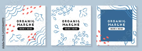 Fototapeta 手描きの鳥と植物のイラストのテンプレートセット_1