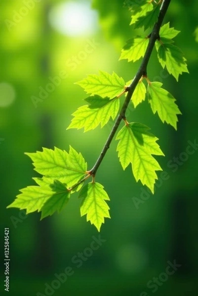 Fototapeta Slender beech branch, vibrant green leaves, sunlight dappled , tree, branching