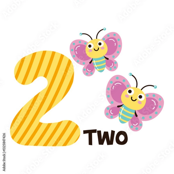 Fototapeta Vector image of the number two and two cute butterflies. Math for kids