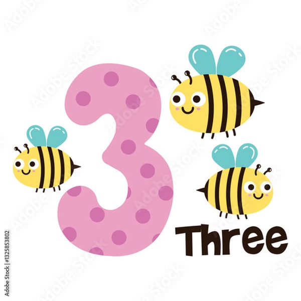 Fototapeta Vector image of the numbers three and three cute bees. Math for kids