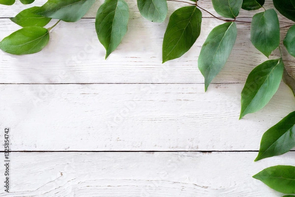 Obraz Green leaf branches flat lay on white wood background, top view with copy space.